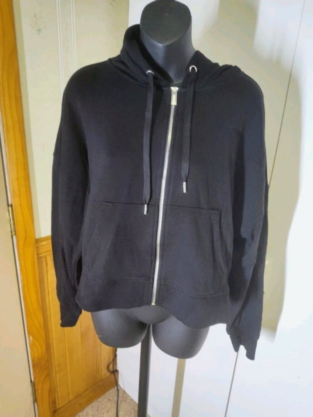 DKNY Hoodie Women Size L Black Full Zip Cropped Hoodie